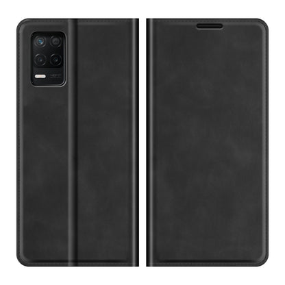 Black leather wallet phone case with magnetic closure and card slots, front view