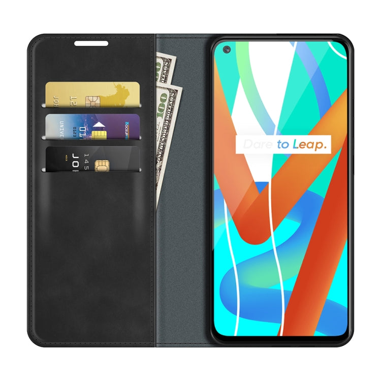 Black leather wallet phone case with card slots and open magnetic folio cover