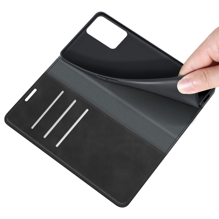 Black leather wallet phone case interior with three card slots and magnetic clasp