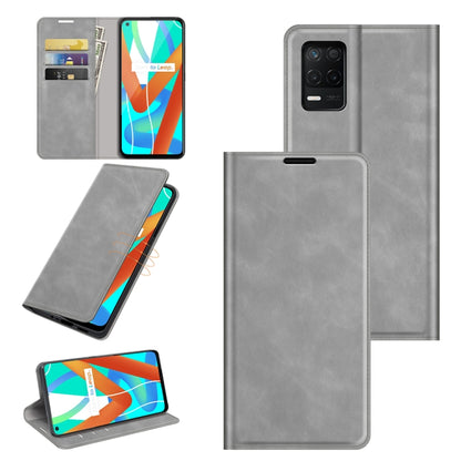 Grey leather wallet phone case with magnetic closure, card slots, and kickstand