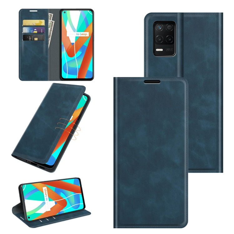 Dark blue leather wallet phone case with magnetic closure, card slots, and kickstand