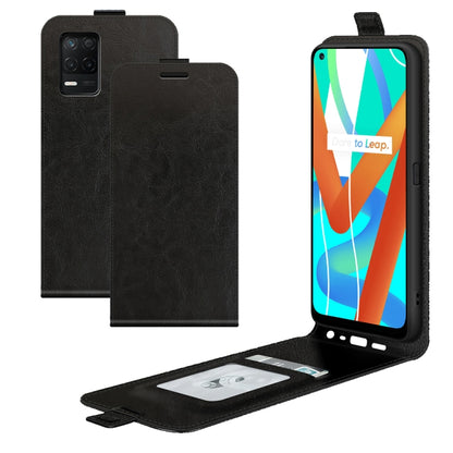 Black vertical flip leather-style phone case with card slots and photo frame window