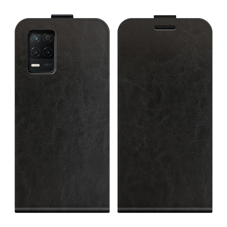 Black vertical flip phone case with leather texture, side camera cutout