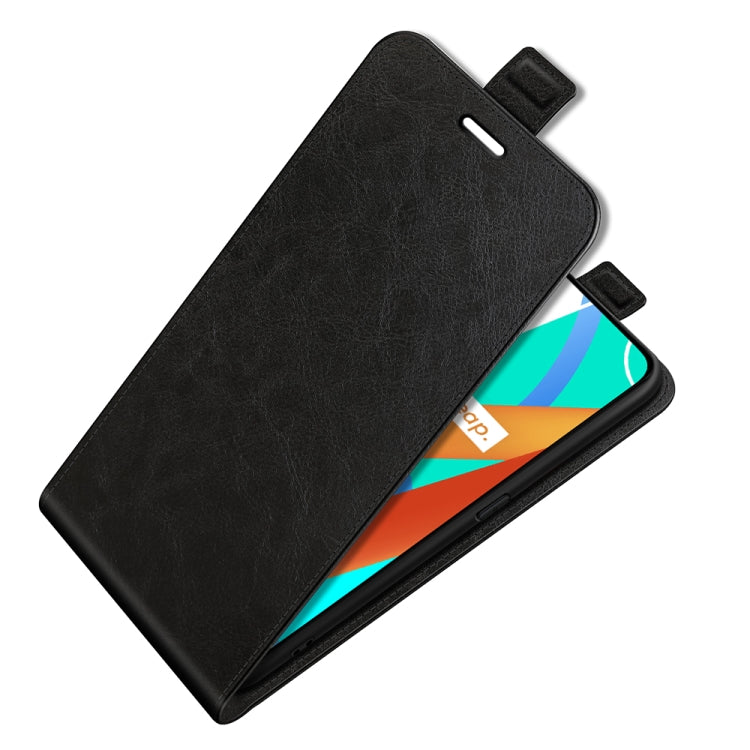 Black vertical flip leather-style phone case with card slot and viewing window
