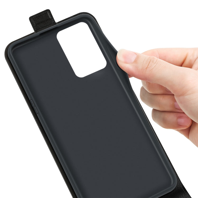Leather-style phone case with card slot cutout, shown with hand holding the back