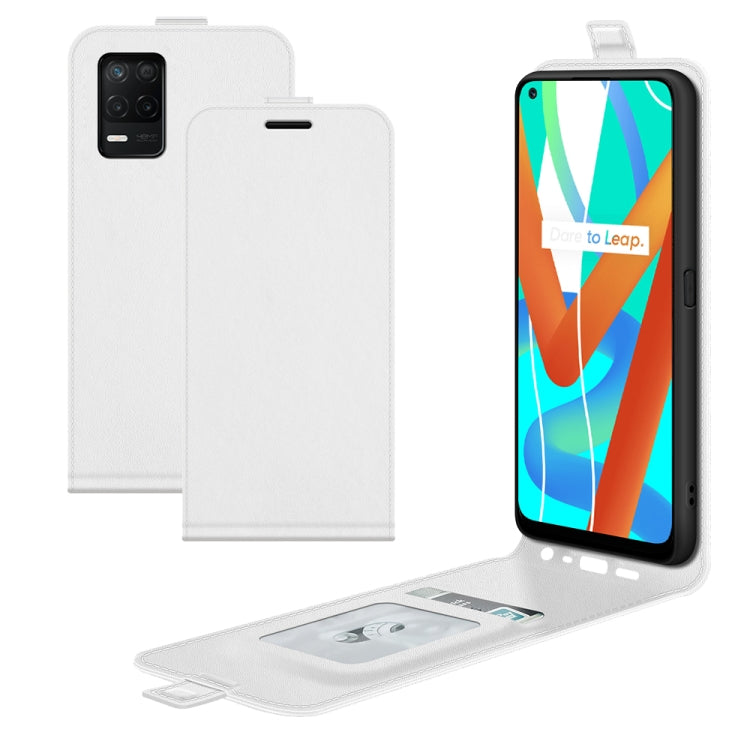 White vertical flip phone case with leather texture, card slots, and photo frame window