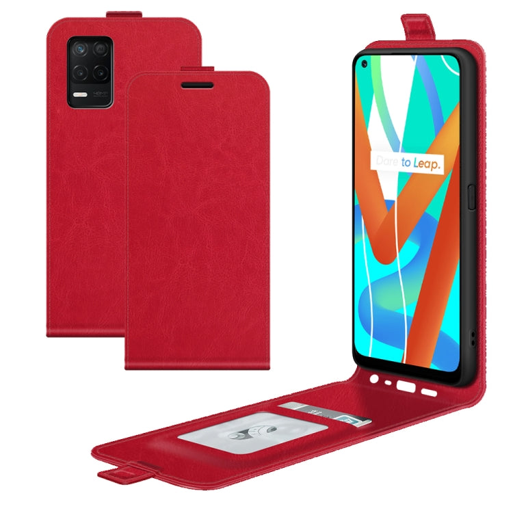 Red vertical flip leather-style phone case with card slots and photo frame window