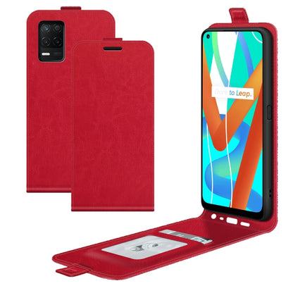 Red vertical flip leather-style phone case with card slots and photo frame window