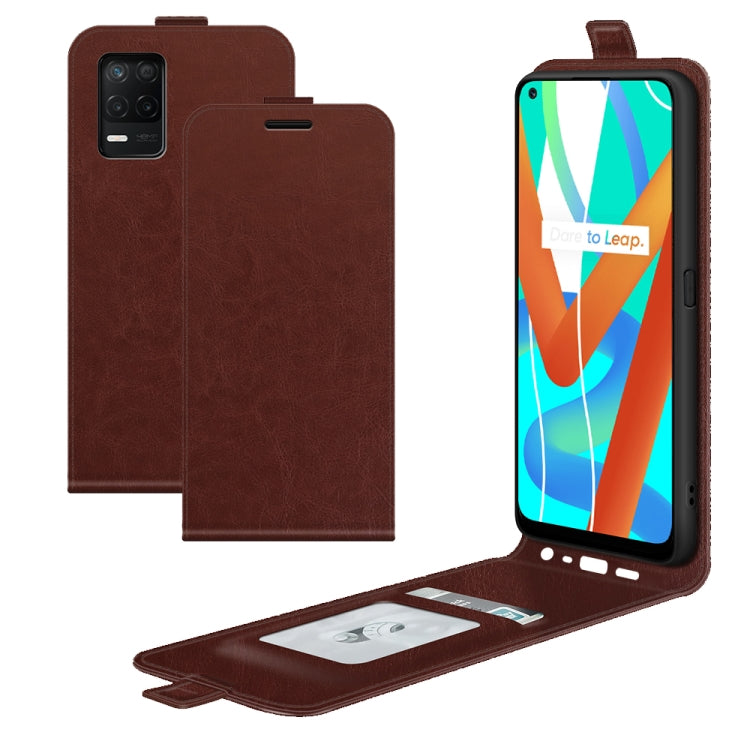 Brown vertical flip leather-style phone case with card slots and photo frame window