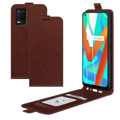 Brown vertical flip leather-style phone case with card slots and photo frame window