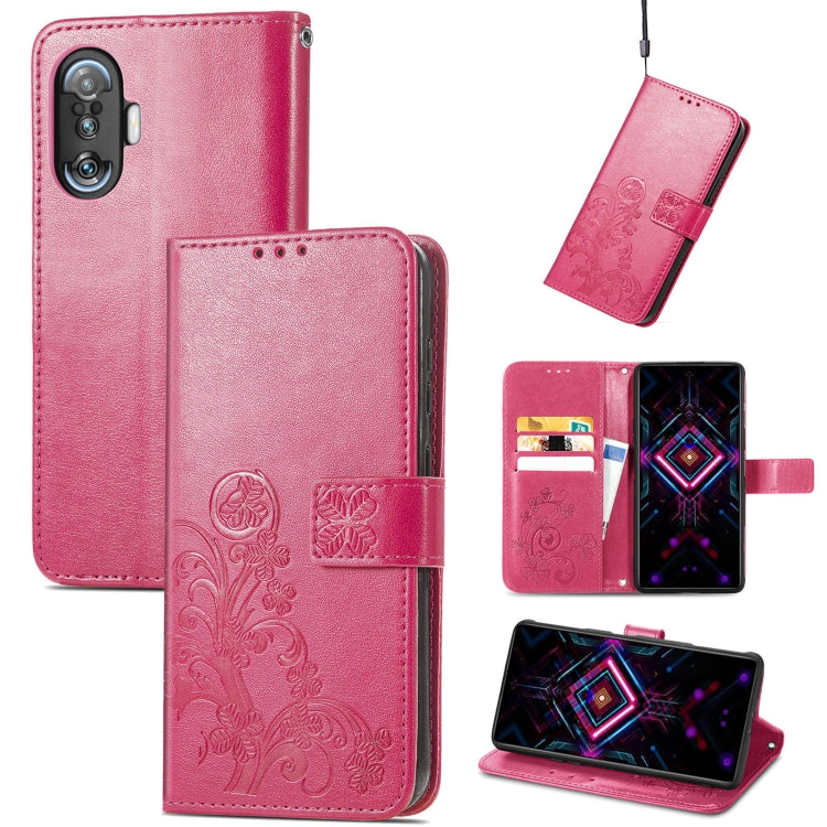 Magenta leather wallet phone case with embossed four-leaf clasp, card slots, lanyard