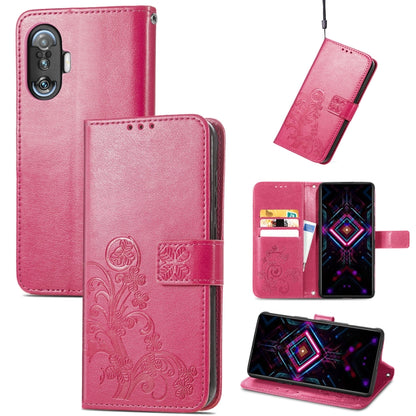 Magenta leather wallet phone case with embossed four-leaf clasp, card slots, lanyard