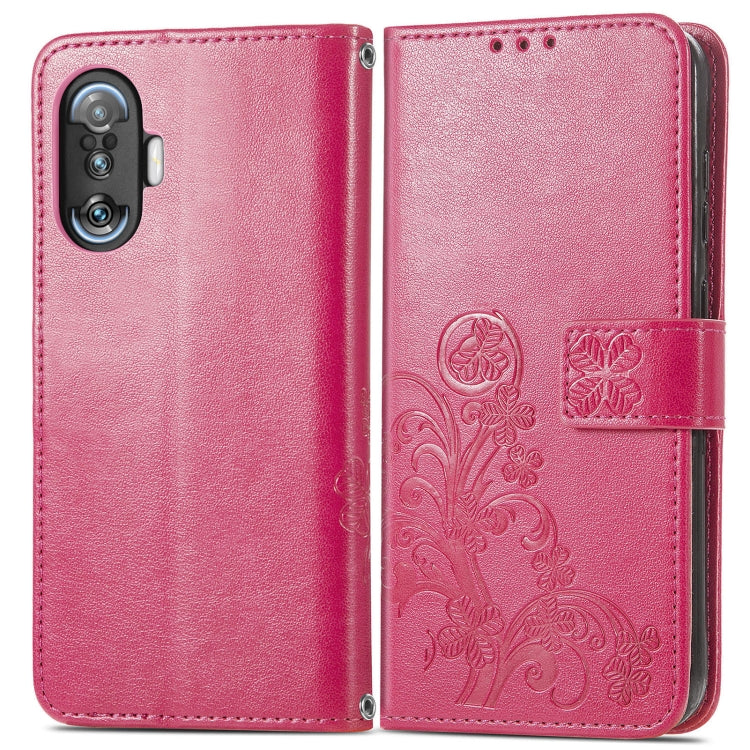 Pink leather wallet case with embossed floral four-leaf clasp, card holder, lanyard