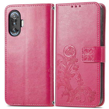 Pink leather wallet case with embossed floral four-leaf clasp, card holder, lanyard