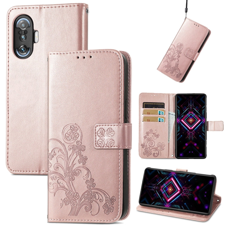 Light pink leather wallet phone case with embossed four-leaf clasp, card slots, lanyard