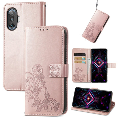 Light pink leather wallet phone case with embossed four-leaf clasp, card slots, lanyard