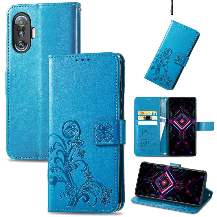 Blue leather wallet phone case with embossed four-leaf clasp, card slots, lanyard