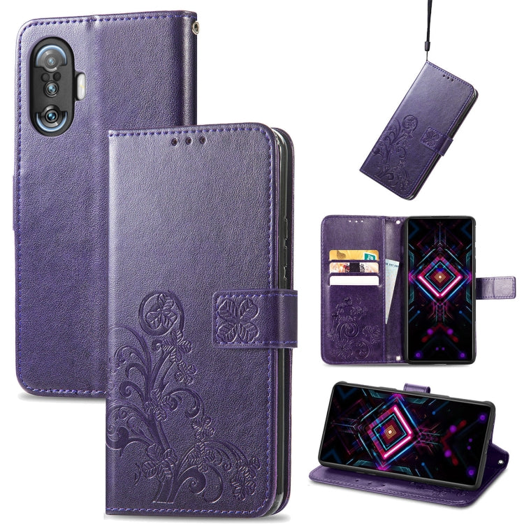 Purple leather wallet phone case with embossed four-leaf clasp, card slots, lanyard