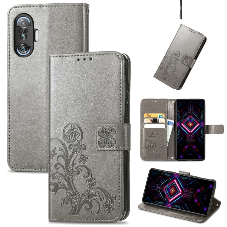Gray leather wallet phone case with embossed four-leaf clasp, card slots, lanyard