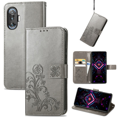 Gray leather wallet phone case with embossed four-leaf clasp, card slots, lanyard
