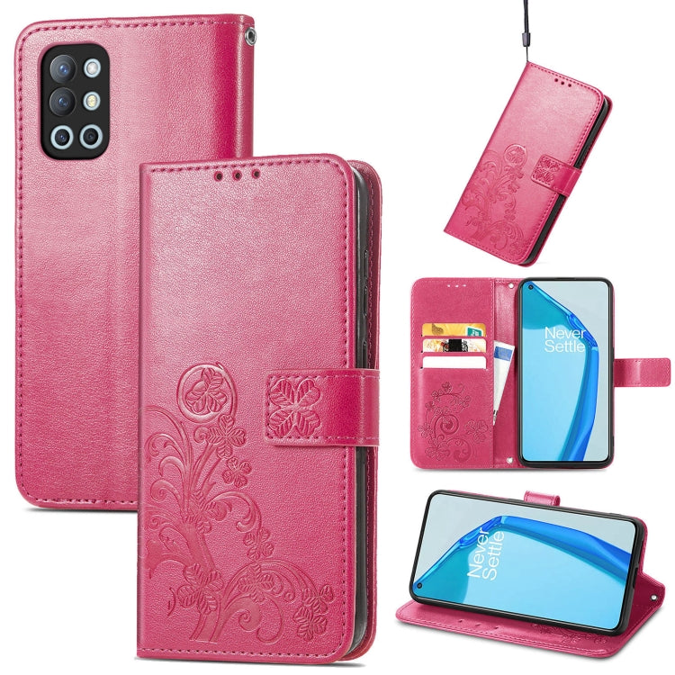 Magenta leather wallet phone case with embossed four-leaf clasp, card slots, stand, lanyard