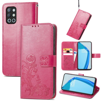 Magenta leather wallet phone case with embossed four-leaf clasp, card slots, stand, lanyard