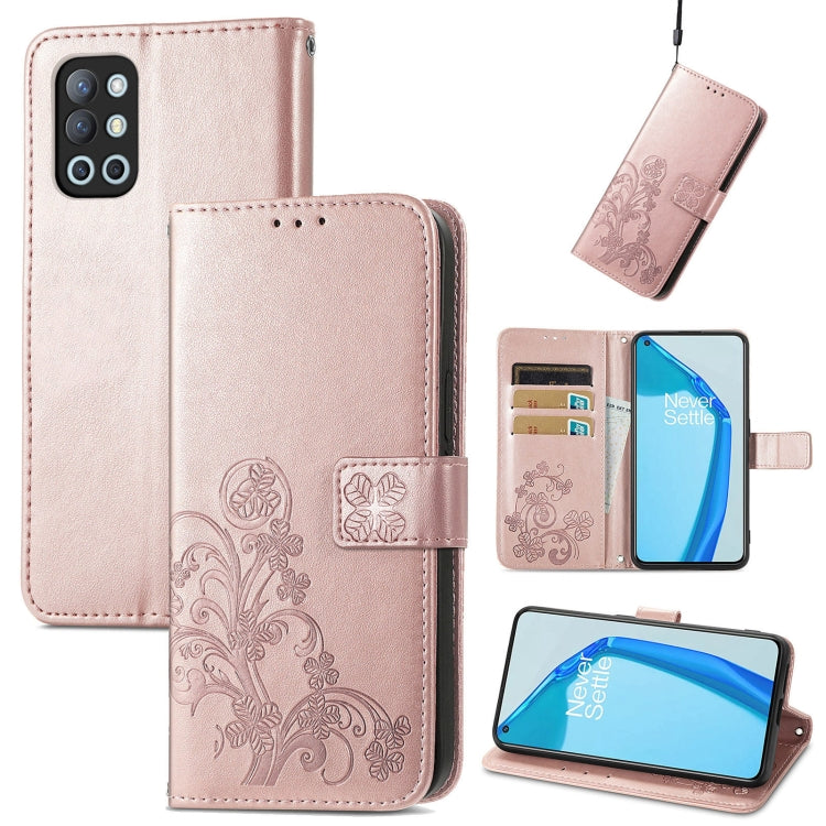 Rose-gold leather wallet phone case with embossed four-leaf clasp, card slots, lanyard
