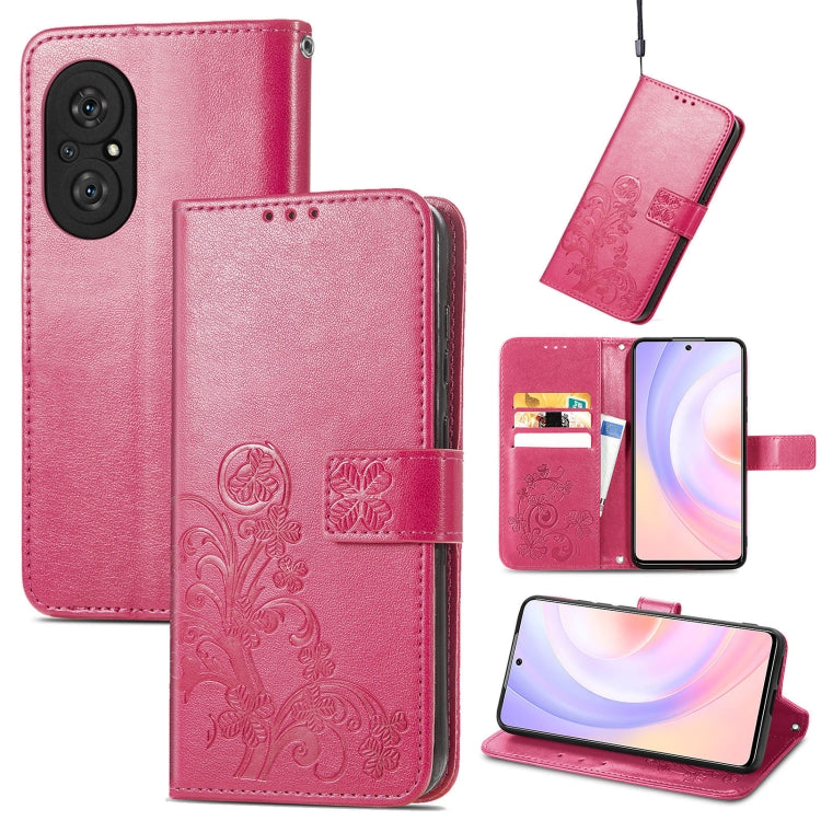 Rose pink leather wallet phone case with embossed floral, card slots, and lanyard strap
