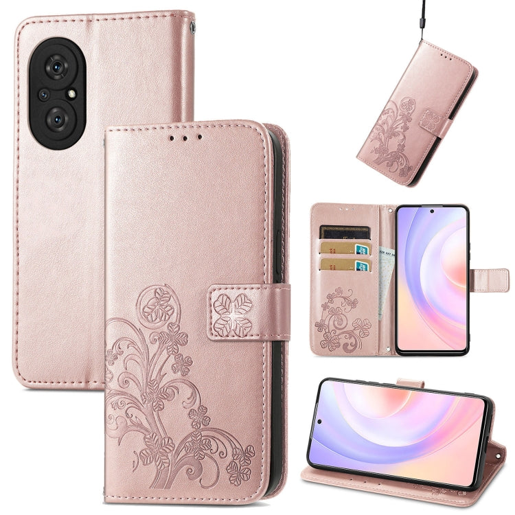 Embossed leather phone wallet case with lanyard, card slot, and stand; rose pink