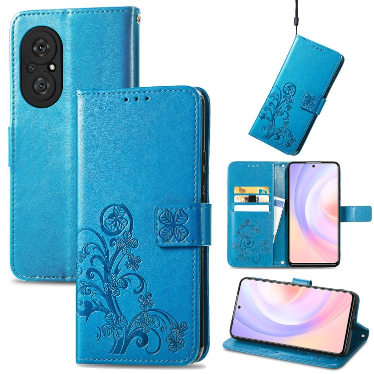 Embossed leather phone wallet case with lanyard, card slot, and stand; teal blue
