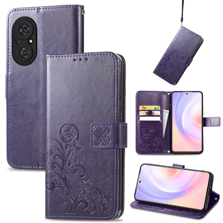 Purple embossed leather phone wallet case with card slot, buckle clasp, and lanyard