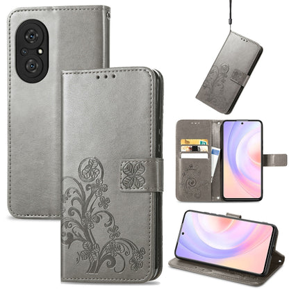 Embossed leather phone wallet case with lanyard, card slot, and stand; gray