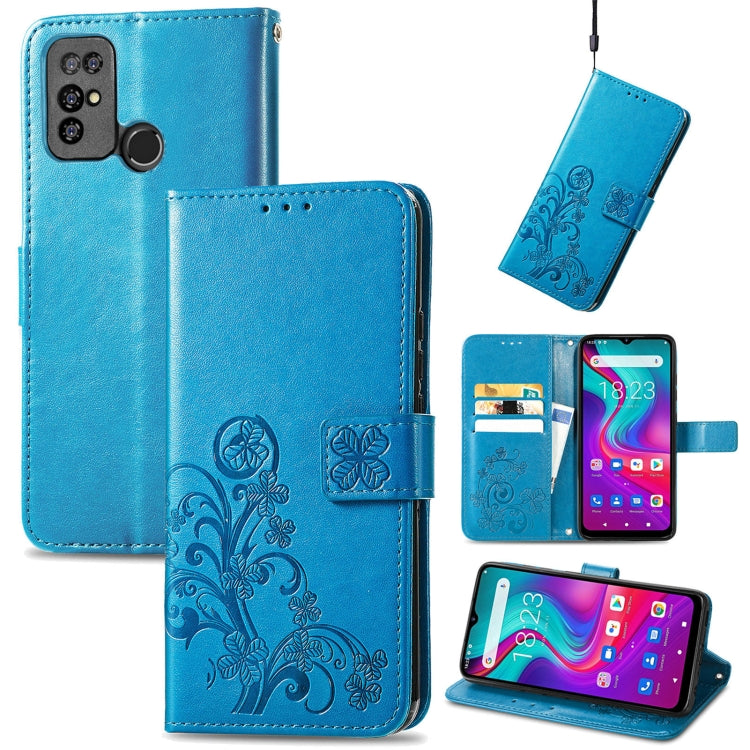 Blue leather phone case with embossed floral clasp, card slots, and kickstand