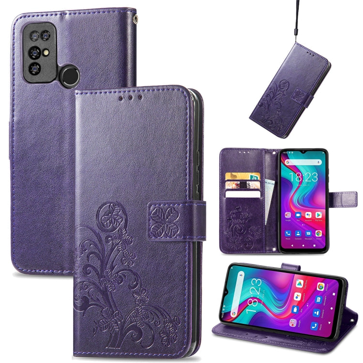 Purple leather phone case with embossed floral clasp, card slots, and kickstand