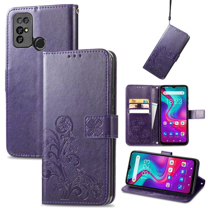 Purple leather phone case with embossed floral clasp, card slots, and kickstand