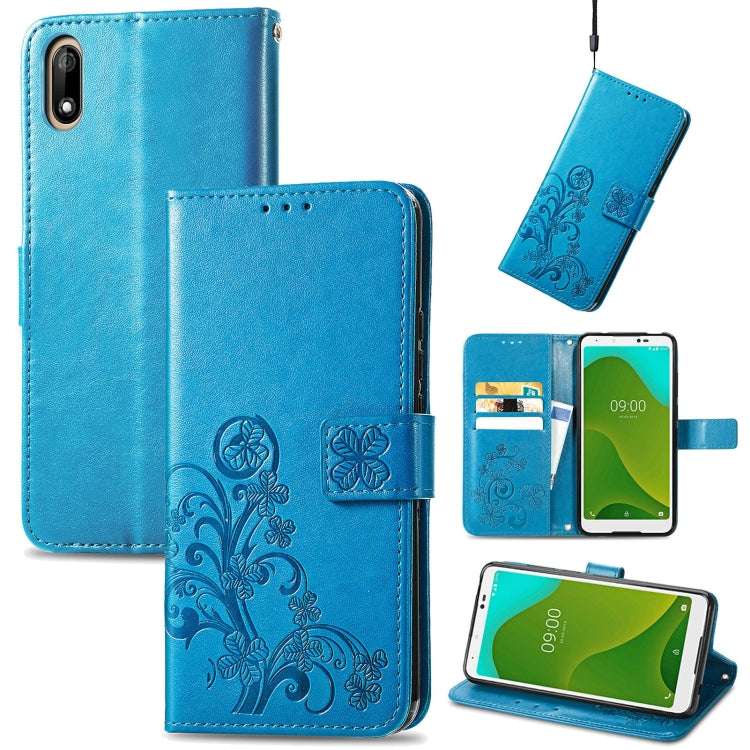 Blue leather wallet phone case with embossed floral, card slots, and lanyard strap