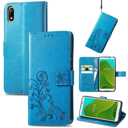 Blue leather wallet phone case with embossed floral, card slots, and lanyard strap