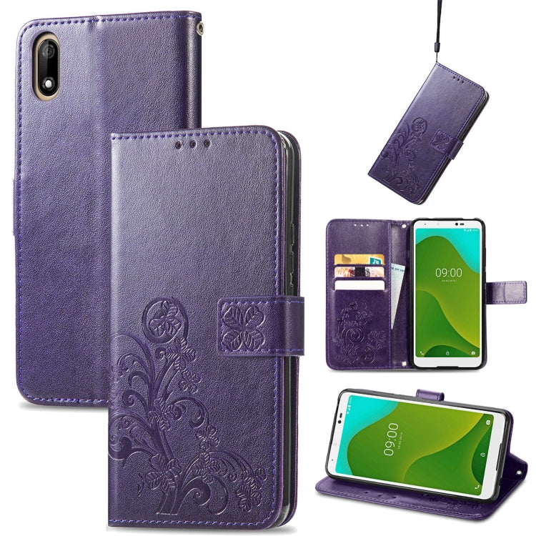 Purple leather wallet phone case with embossed floral, card slots, and lanyard strap