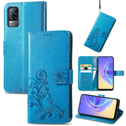 Blue leather wallet phone case with embossed floral, card slots, and lanyard strap