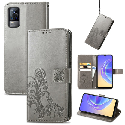 Silver gray leather wallet phone case with embossed floral, card slots, and lanyard strap