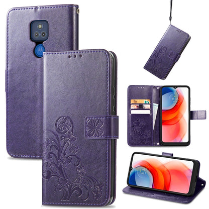 Purple embossed leather phone wallet case with clasp, card slot, and lanyard strap