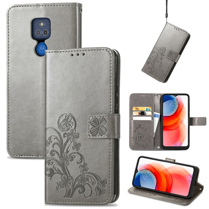 Gray embossed leather phone wallet case with clasp, card slot, and lanyard strap