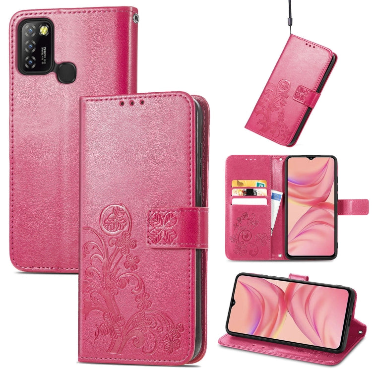 Pink embossed leather phone wallet case with buckle clasp, card slot, and lanyard