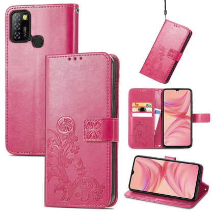 Pink embossed leather phone wallet case with buckle clasp, card slot, and lanyard