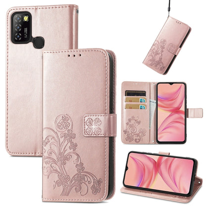 Light pink embossed leather phone wallet case with buckle clasp, card slot, and lanyard