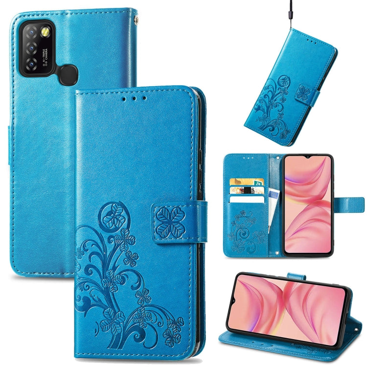 Blue embossed leather phone wallet case with clasp, card slot, and lanyard strap