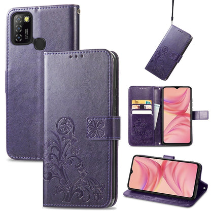 Purple embossed leather phone wallet case with clasp, card slot, and lanyard strap