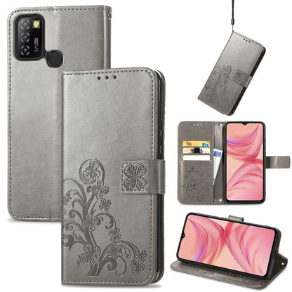 Gray embossed leather phone wallet case with buckle clasp, card slot, and lanyard