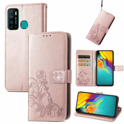 Rose pink embossed leather phone wallet case with buckle clasp, card slot, and lanyard