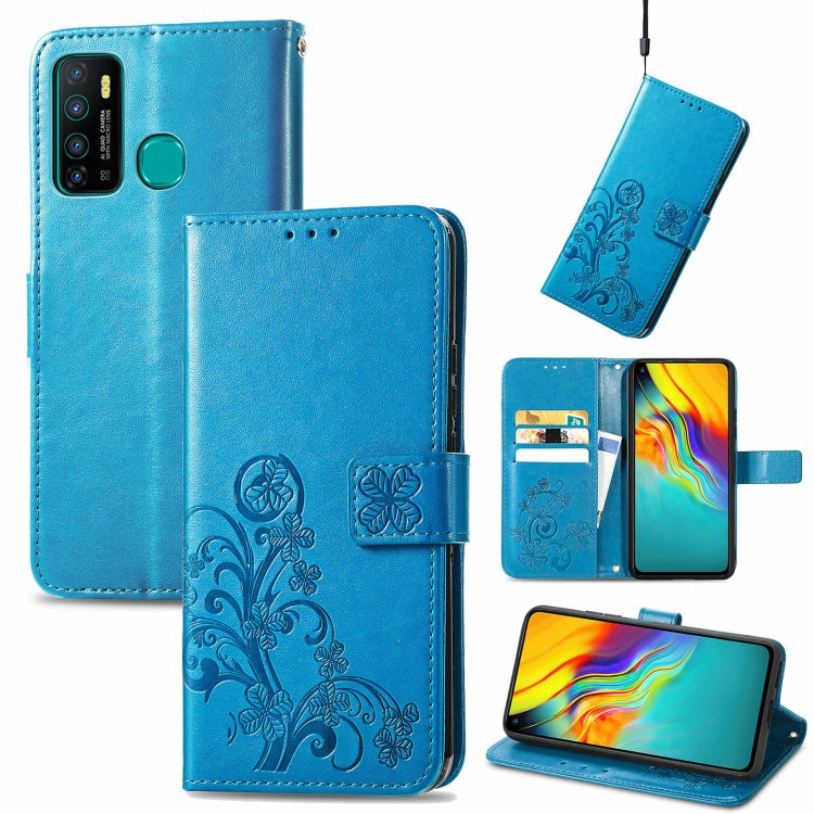 Blue embossed floral leather phone wallet case with card slots and lanyard